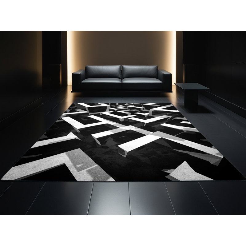 Machine Washable Paulett Modern & Contemporary Geometric Shapes Rug in Black – Black Binding, 5' Round