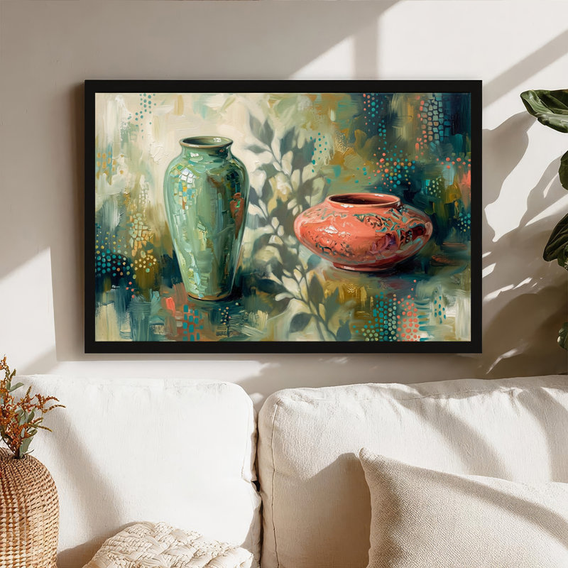 «Green Vase and Rust Pot in Abstract Style», art mural sur toile, H 16 po x l 24 po