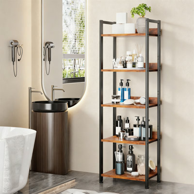 Rustic Brown 5 Tier Tall Narrow Bookshelf With Drawer, Wood And Metal