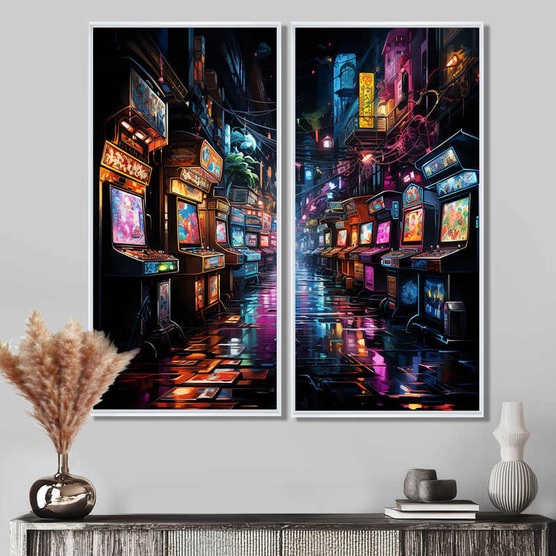 Impression sur toile Neon Arcade, 32" H x 32" W, Impression encadrée flottante, White