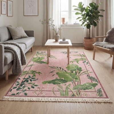 Tapis rosé tropical lavable à la machine 4 pi x 6 pi 100% coton