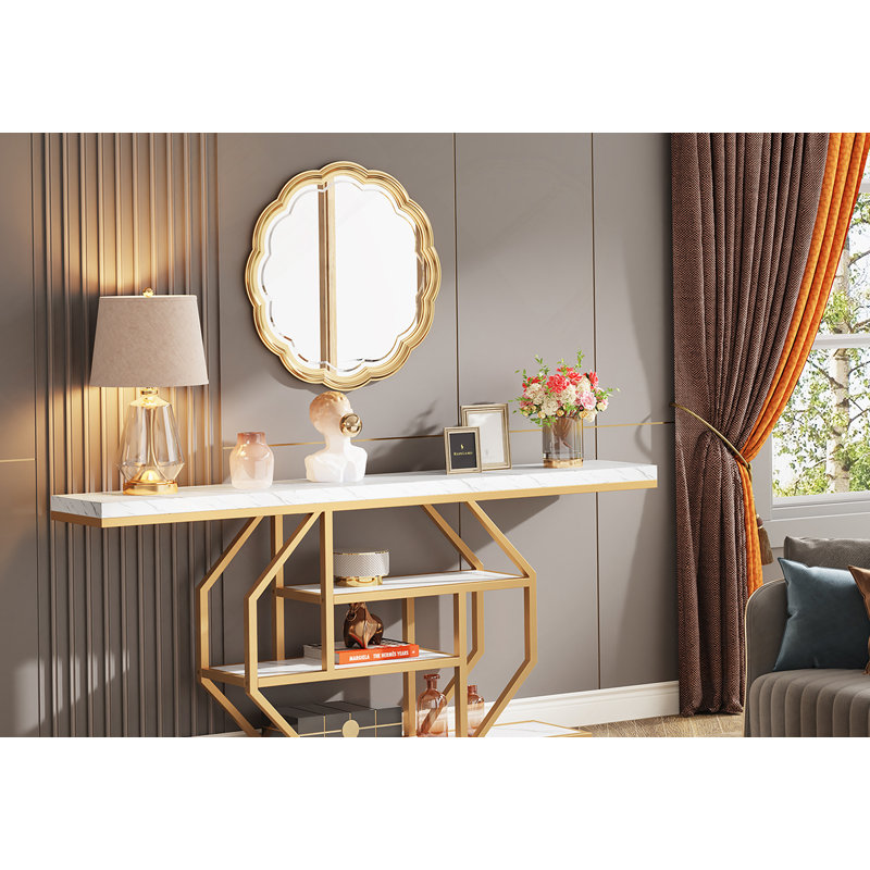 Console 70,9 pouces extra longue en faux marbre avec rangement à 4 niveaux, cadre doré moderne pour le salon et le couloir
