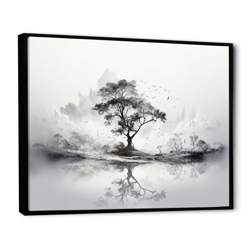 Grey White Minimalism Tree Ink Harmony III - Floral Wall Decor, Cadre flottant noir, H 24 po x l 32 po x P 1 po