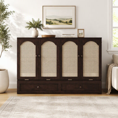 Queen Size Murphy Bed, Pine Wood Cabinet Bed with Power Station and Rattan Decoration Panel