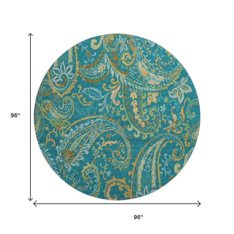 Tapis rond délavé 8 pi vert sarcelle et doré à motif cachemire délavé avec protection UV