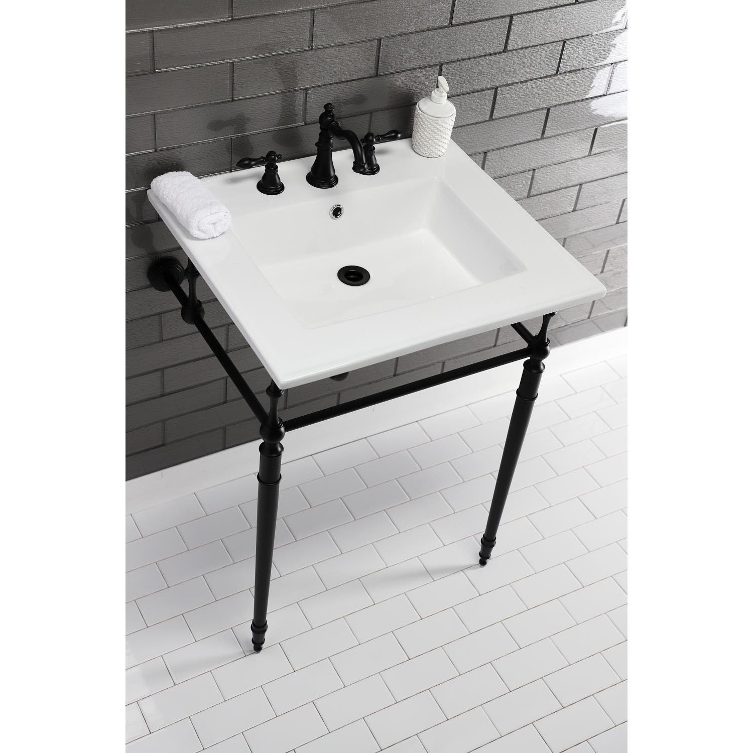Kingston Brass Edwardian 25-Inch Ceramic Console Sink with Brass Legs (8-Inch, 3-Hole), White/Matte Black