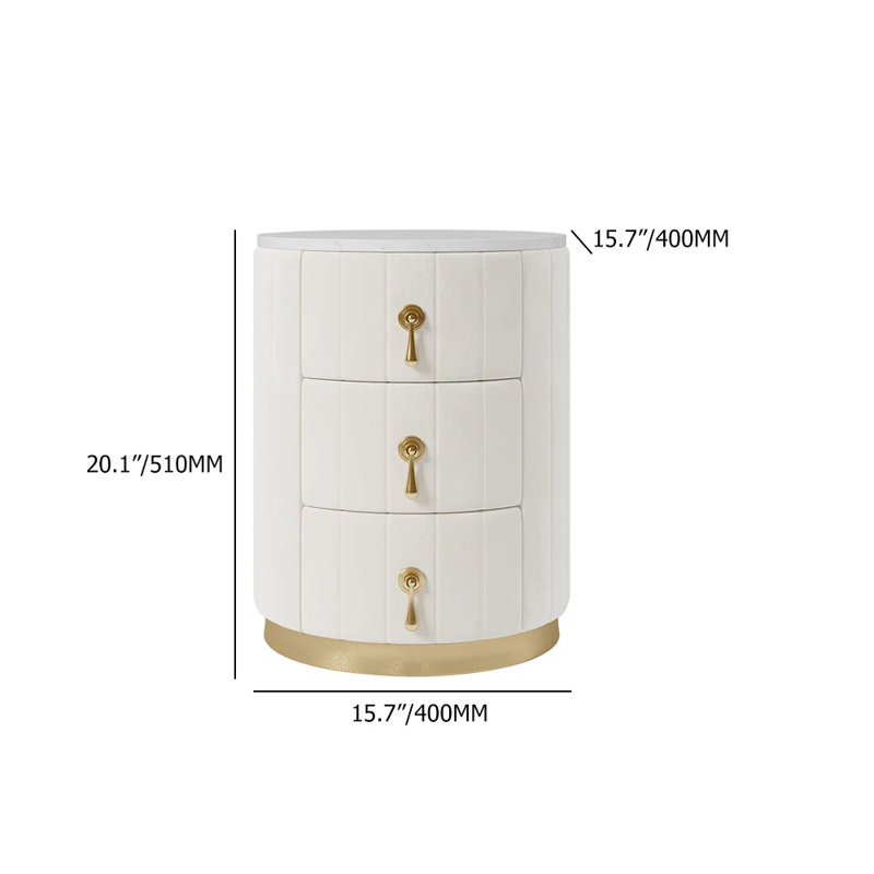 White 3 Drawer Round Velvet Nightstand with Sintered Stone Top Modern Style No Assembly Required Sturdy Metal Base Spacious Storage for Bedroom