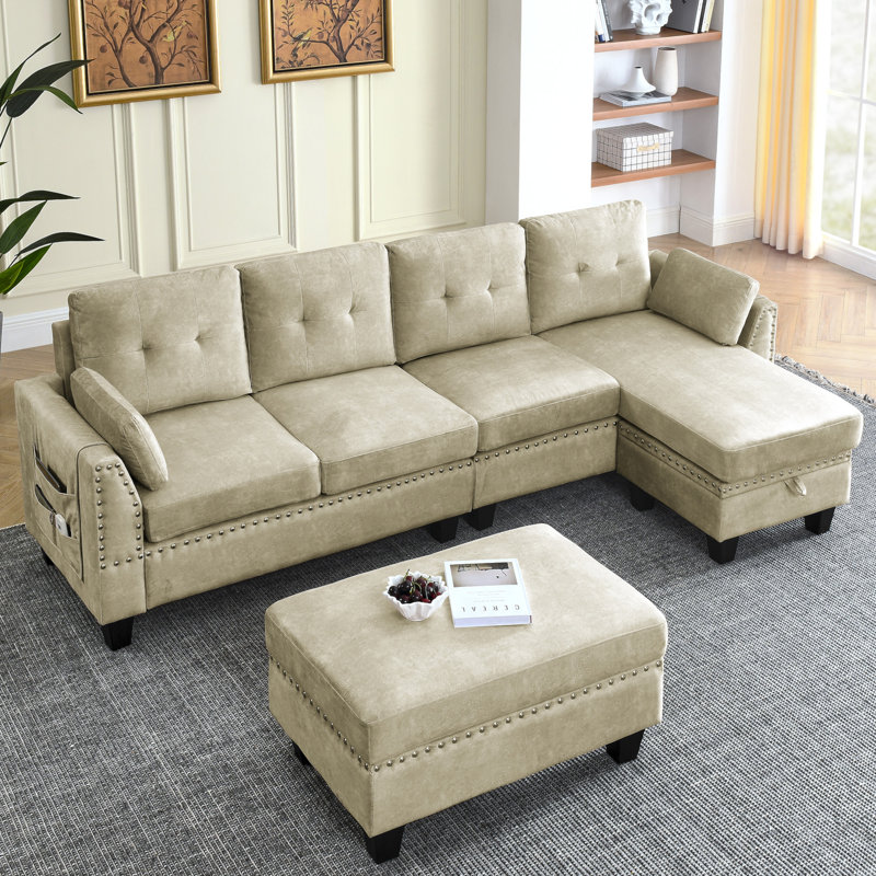 Canapé modulaire avec rangement 3 têtes cloutées, Velours beige