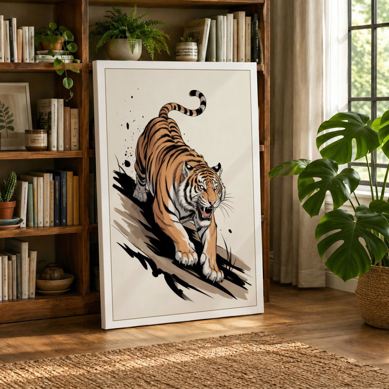 Stalking Tiger Japandi - Wrapped Canvas, 36x24 - 91.4 x 61.0 cm, Cream Border