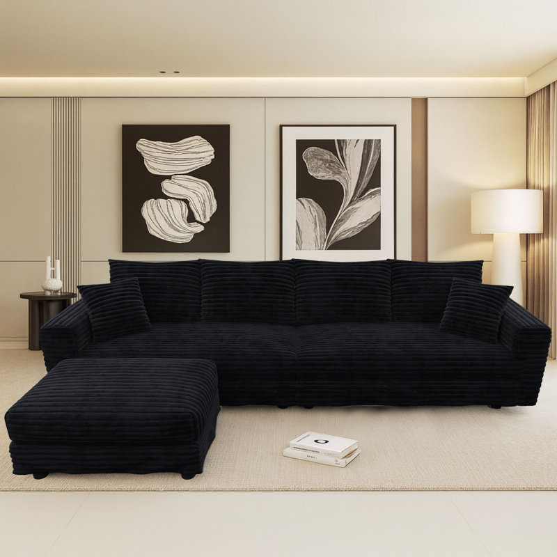 Modern Corduroy Fabric Upholstered 4-Seater Sectional Sofa with an Ottoman, 35.35" H x 102.42" W x 66.94" D, Black