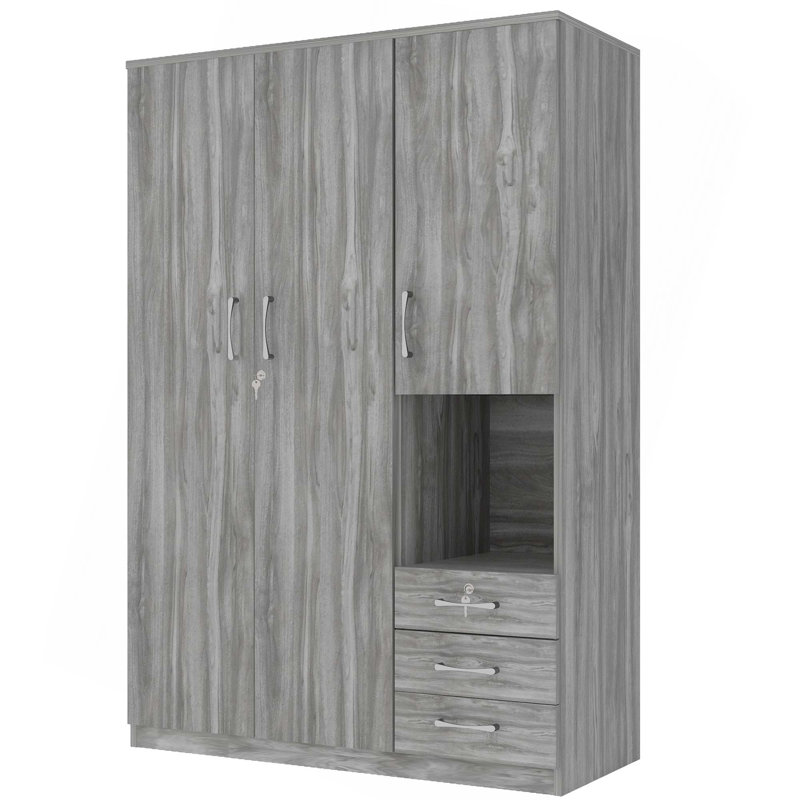 Armoire de rangement en bois à 2 portes pour la chambre à coucher, avec tablettes et 3 tiroirs, Gris