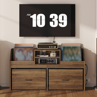 Large Record Player Stand With Charging Station & 2 Sliding Drawers, Record Storage Cabinet With Vinyl Storage Hold Up To 500+ Album, Mid Century Turn