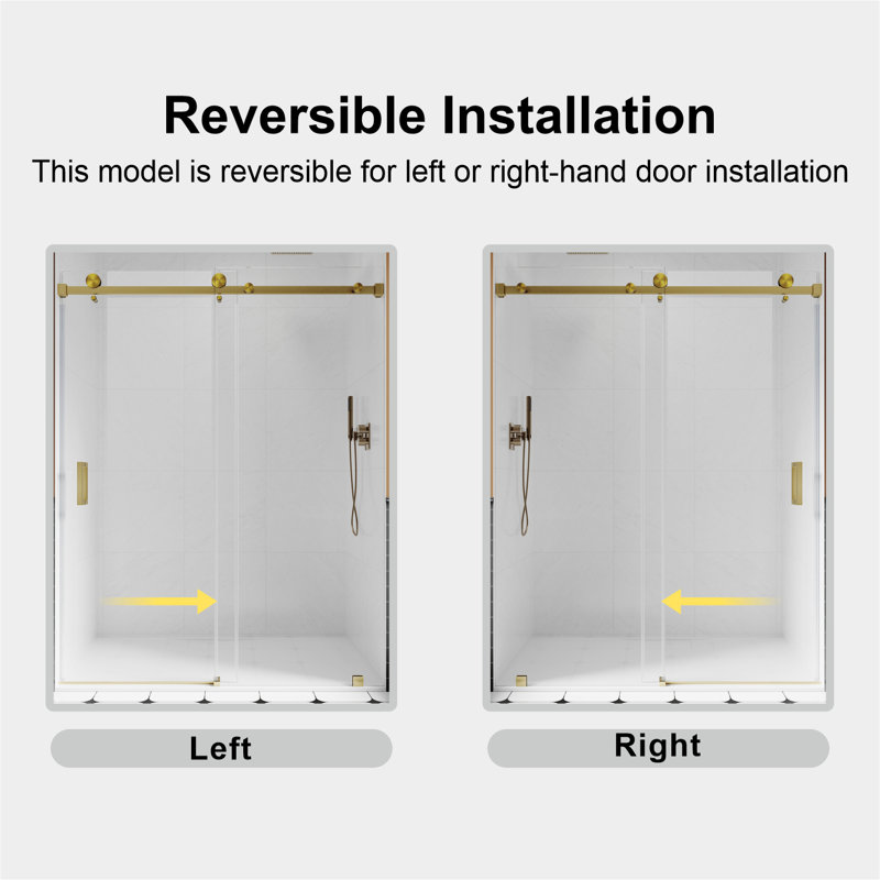 UKS05 56 in. to 60 in. x 76 in. H Frameless Sliding Shower Door in Satin Brass with 3/8 in. (10mm) Clear Glass, Satin Brass