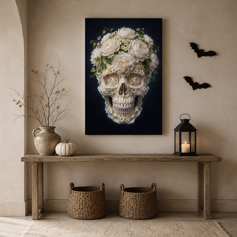 Art mural sur toile, crâne floral blanc avec feuilles vertes sur bleu foncé Halloween, H 30 po x l 20 po