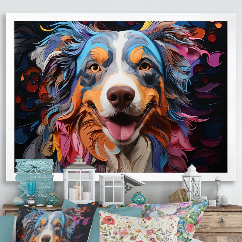 Chien, berger australien, impression sur toile, Cadre simple blanc, H 30 po x l 40 po x P 1,5 po