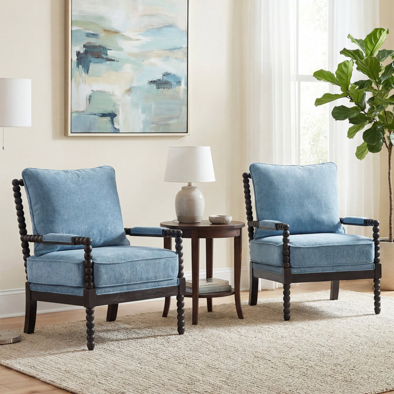 Ocelia Elegant 25.5" Wide Spindle Leg Accent Chair With Cushioned Back And Seat, Blue Polyester, Black
