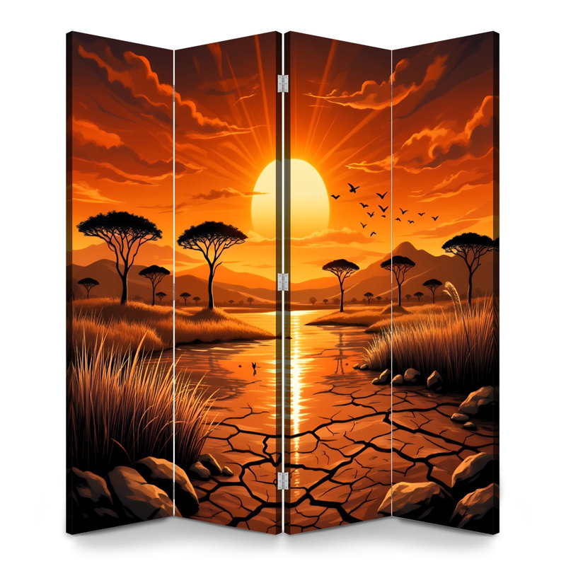 Paravent 4 panneaux pliant Royal African Sunset Acacia Trees Birds Orange Sky, 4, H 71 po x l 64 po x P 1 po