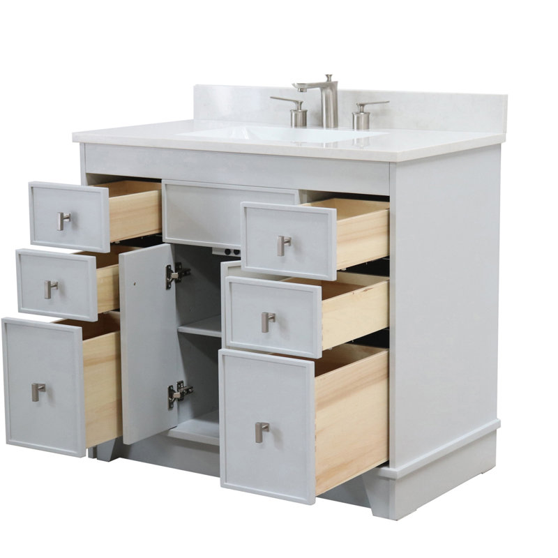 Meuble-lavabo simple 39 po avec plateau en quartz d'ingénierie Astred, Gris français, Nickel brossé