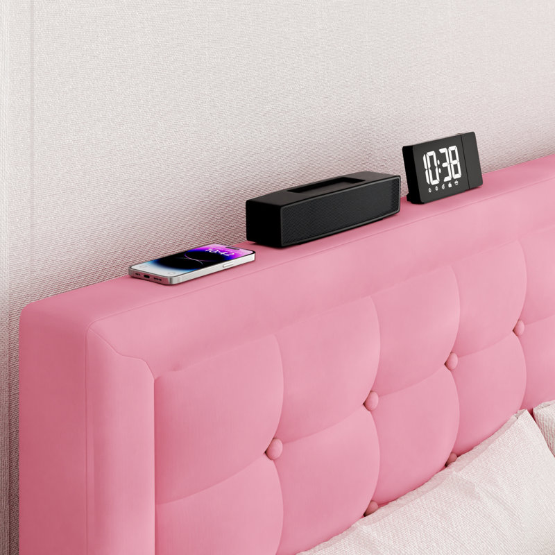 Sebria Bed Frame with Velvet Upholstered Square Design Headboard Platform Bed with Strong Wood Slats, King, Pink