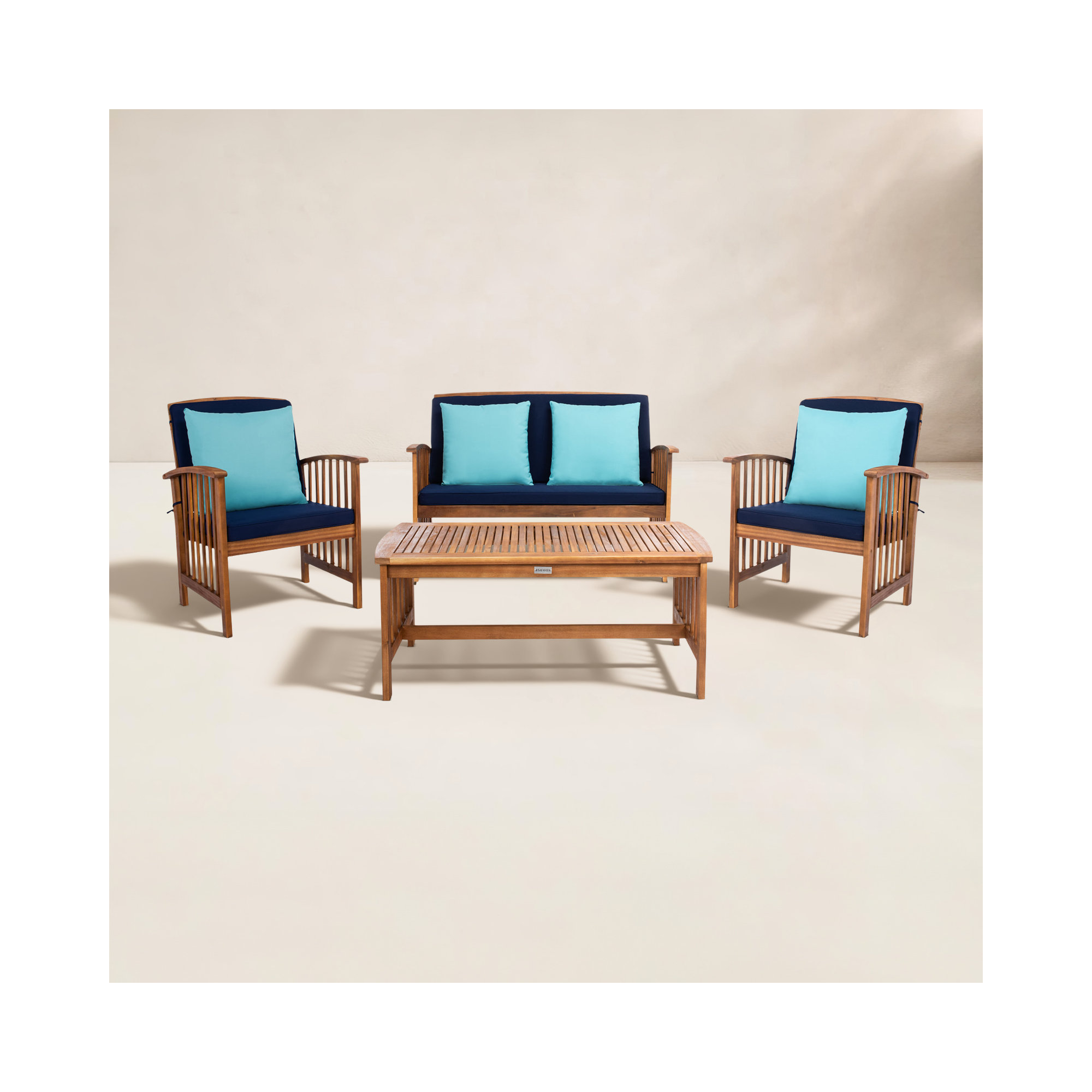 Delosreyes 4 Piece Sofa Seating Group with Cushions , Turquoise Toss Pillow Color/Navy Cushion