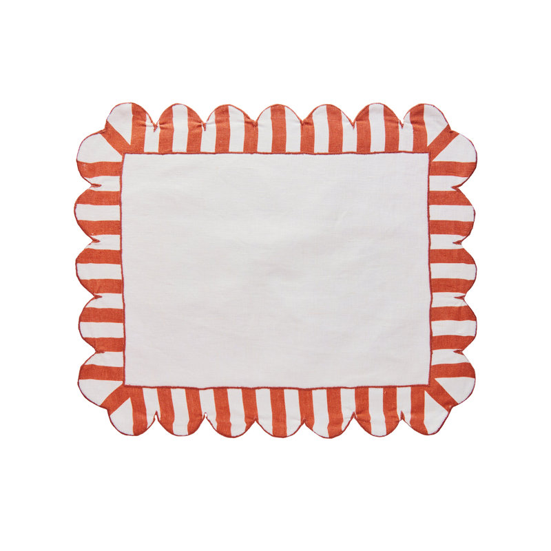 Jardin Embroidered Linen Scalloped Stripe Placemats, Red/White