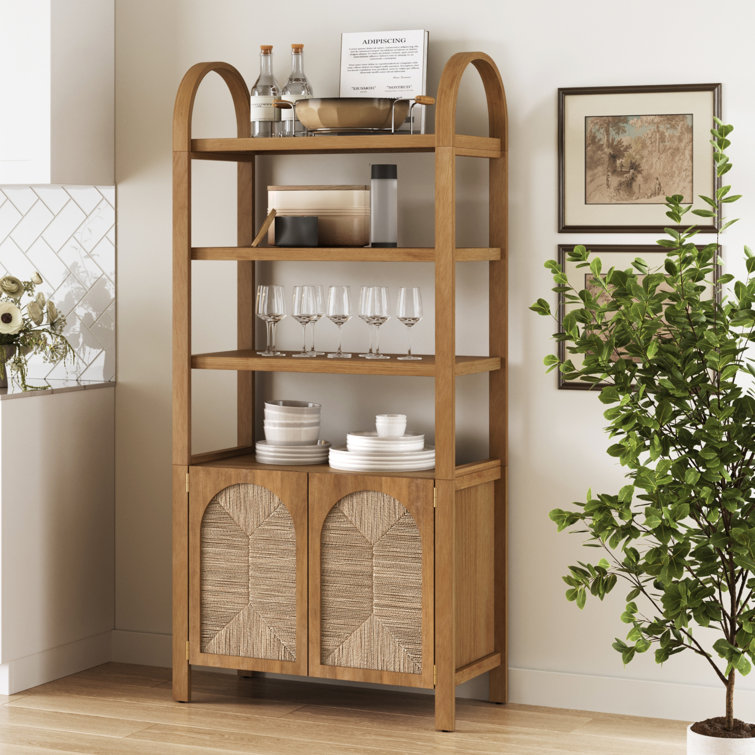 Arched 3-Tier Bookshelf With Seagrass Cabinet Base