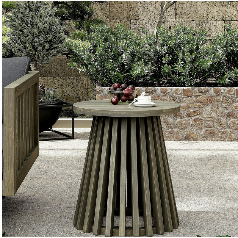 Outdoor Acacia Wood Patio Side Table, Round Coffee Table for Backyard, Lawn, Balcony,Grey Finish, Gray