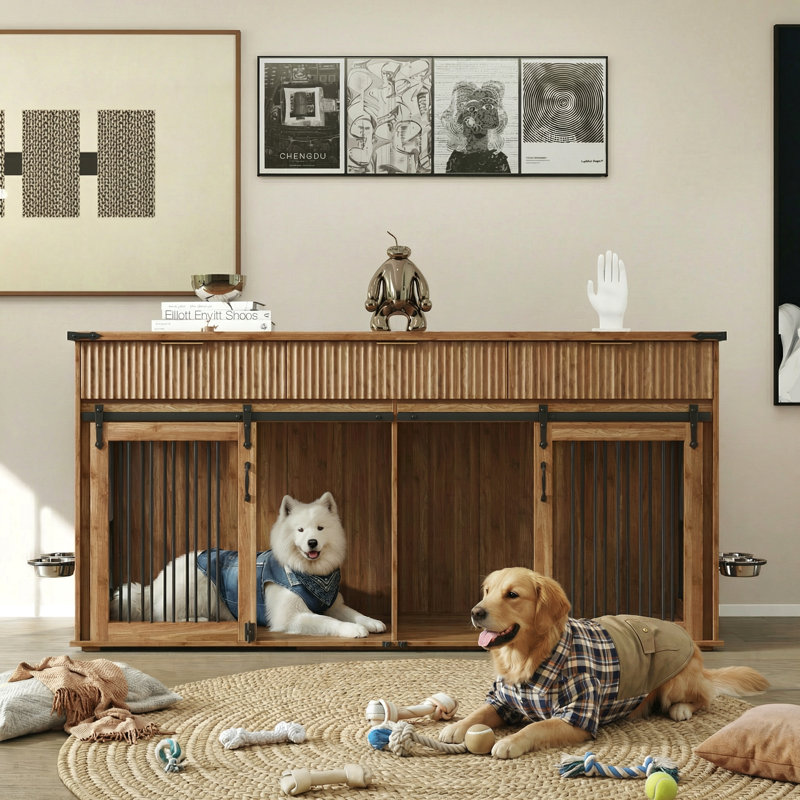 Meuble double avec 3 tiroirs cannelés et plateau de table imperméable, grand chenil pour chien avec prise de courant et mangeoires rotatives pour chiens robustes