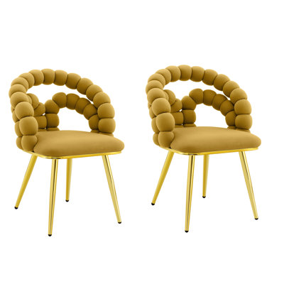 Set of Two Yellow and Gold Velvet Dining Side Chairs