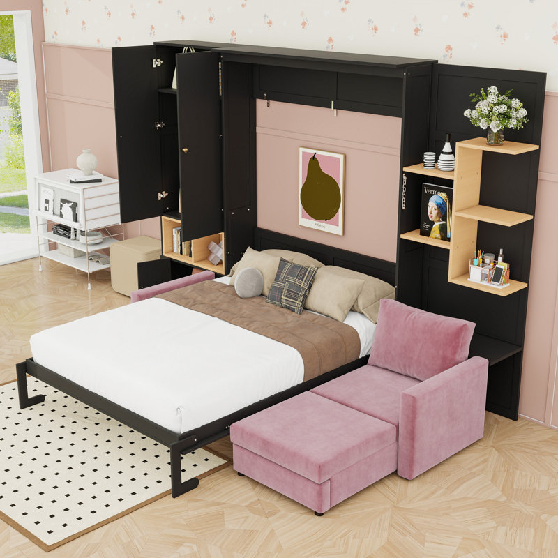 Lit escamotable avec canapé, tablettes de rangement, double éclairage et armoires, Noir / Rose