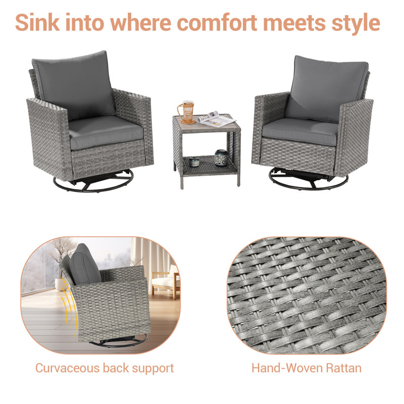 Ensemble de conversation avec chaise berçante rotative en osier pour 2 personnes Mickael, Gris, Gris