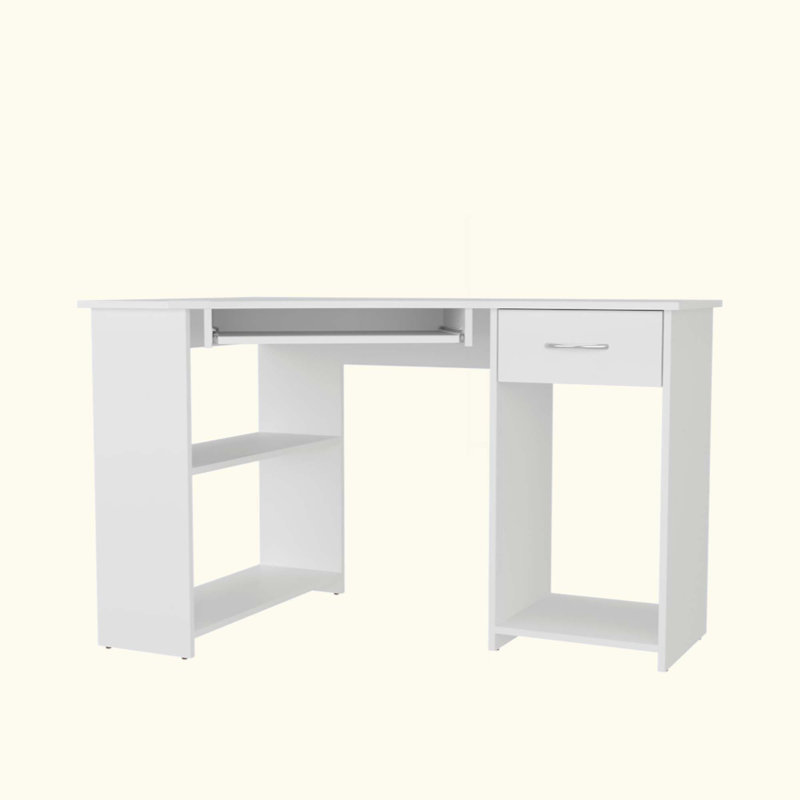 Bureau d'ordinateur de coin en L avec tiroir et tablette, Blanc