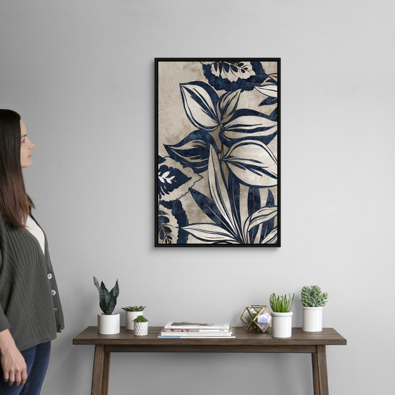 Reproduction d’art sur toile, "Blue feuillage I" par Eva watts, H 32 po x l 22 po x P 1,75 po, Cadre noir