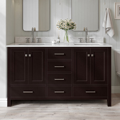 Meuble-lavabo double en bois massif Flynt avec plateau en marbre de Carrare 0,75 po