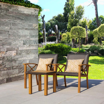 3-Piece Patio Bistro Set With Wood-Grain Aluminum Wicker Padded Chairs & Coffee Table, Outdoor Conversation Set With Beige Waterproof Pillows