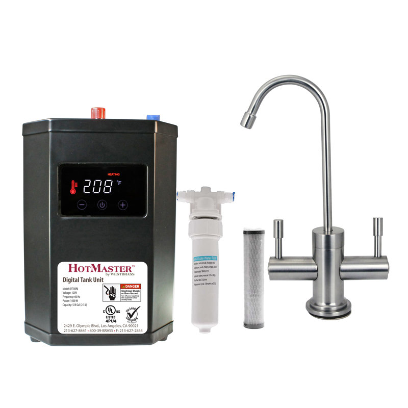 Contemporary 10" 2-Handle Hot and Cold Water Dispenser Faucet with Heating Tank and Filter System, Satin Nickel