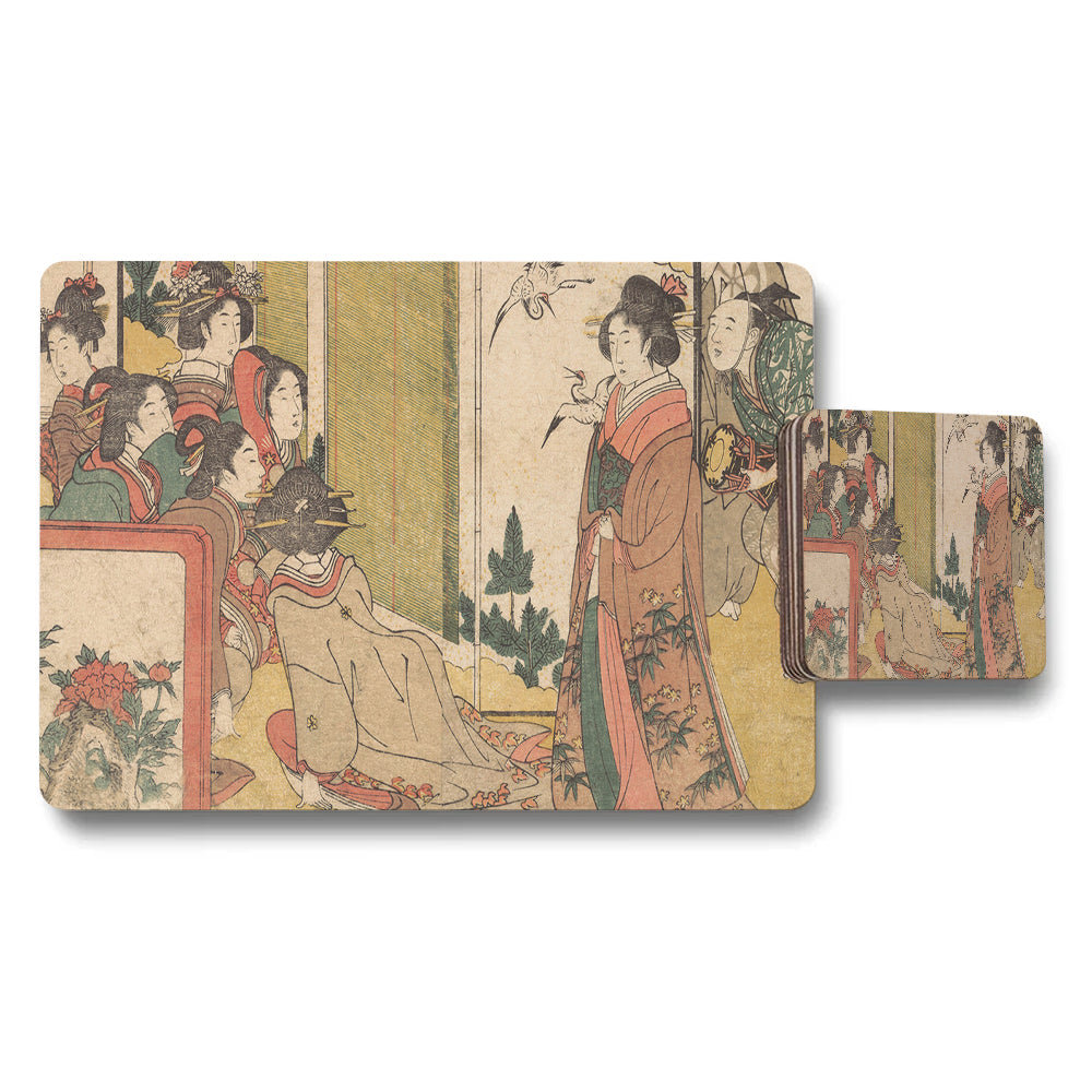 Japanese Ukiyoe Style Geisha Scene Placemat Coaster Set