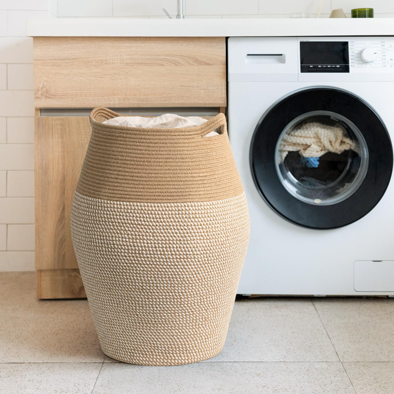 Laundry Basket with Handles, White/Line