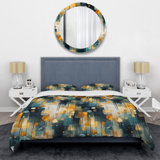 Ensemble de housse de couette jaune et bleu sarcelle à motif géométrique abstrait Fusion I