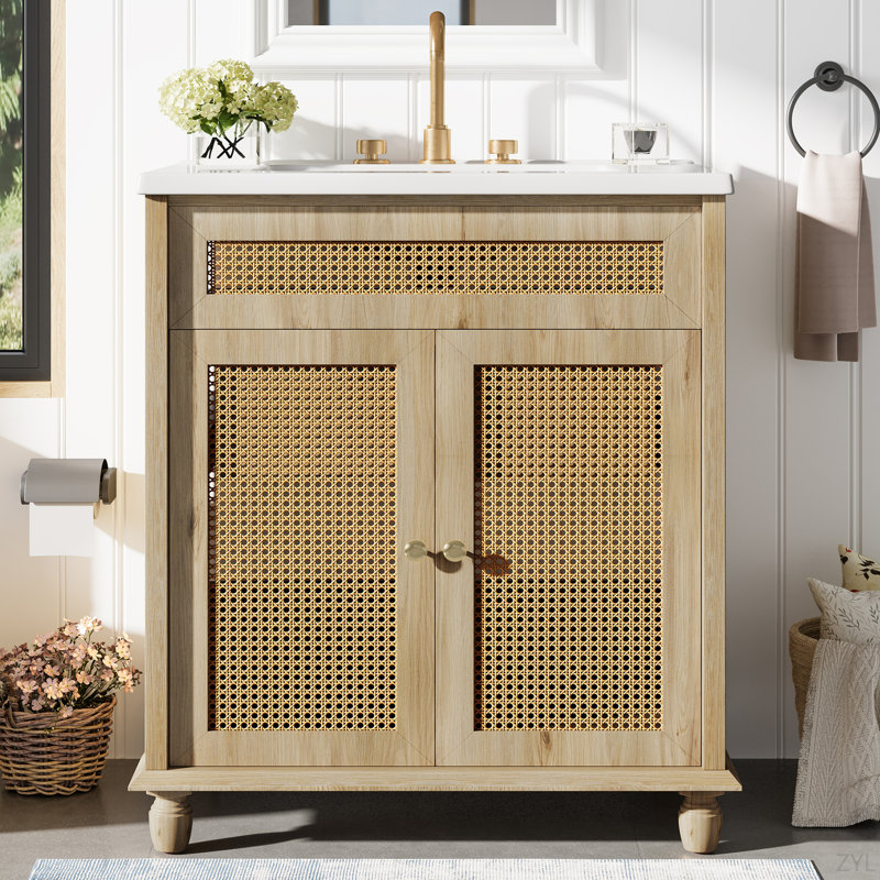 Meuble-lavabo de 30 pouces: portes en rotin tissé à la main, pieds en bois massif et lavabo en résine