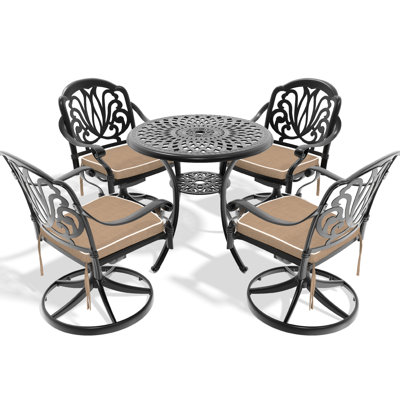 5 chaises en fonte d'aluminium pour le jardin - 4 chaises pivotantes et table ronde de 30,71 po, noir, lignes élaborées, revêtement, assise confortable, capacité de poids de 350 lb, coussins inclus, simple