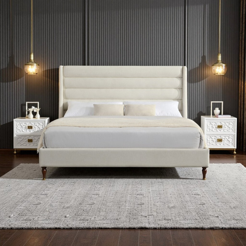 Très grande base de lit tapissier avec tête de lit Wave, tissu chenille ivoire de qualité supérieure, aucun sommier requis, assemblage facile