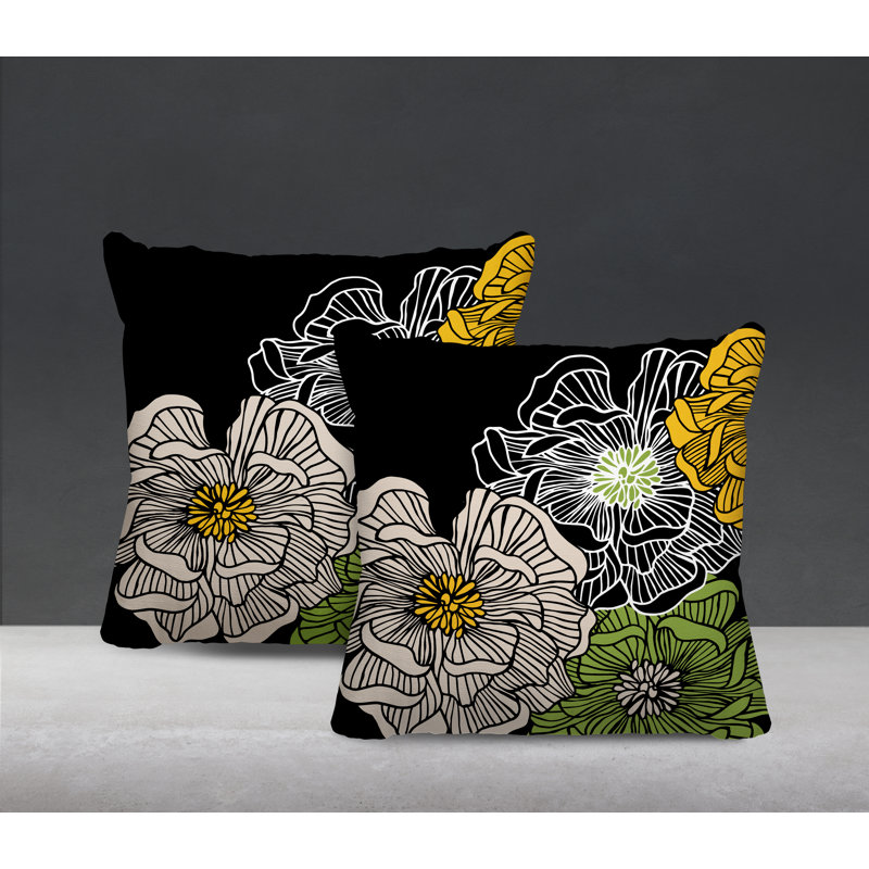 Floral Outdoor Reversible Throw Pillow, 15W" x 15H", Black