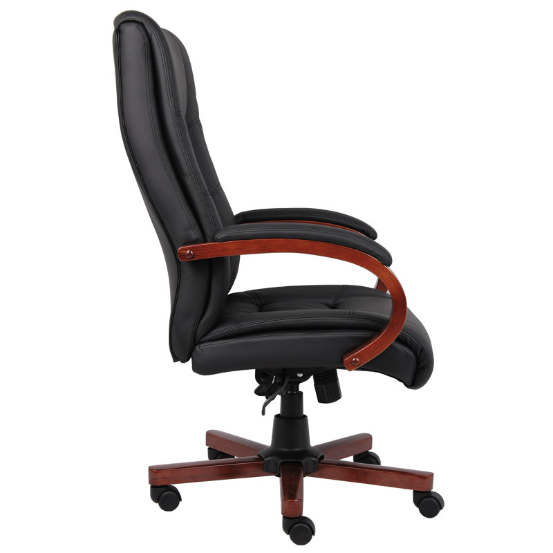 Elegant High-Back Executive Swivel Chair with Wood Accents, Black