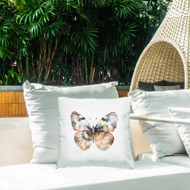 Coussin d'extérieur Traditional Traditional Watercolor Butterfly, par Kim Allen, 18 x 7 x 18, Simple, Beige papillon 1