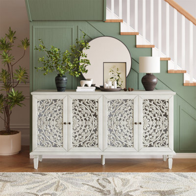 Buffet antique 60 "avec sculptures florales avec pieds en bois massif et poignées en laiton antique et tablettes réglables, meuble télé pour téléviseur 65" +, buffet pour le salon, la salle à manger (blanc gris antique)