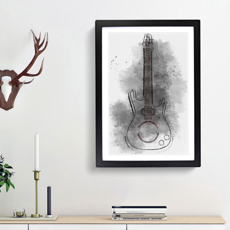 Neon Electric Guitar in Abstract - Framed Print, 87cm H x 62cm W x 2cm D, Black Framed