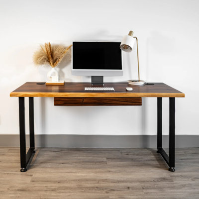 55" Walnut Solid Wood Computer Desk With Drawer And Metal Frame, Modern Home Office Table
