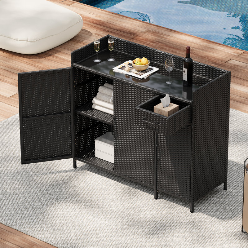 Table de bar en rotin avec 3 portes et tablette réglable, Noir