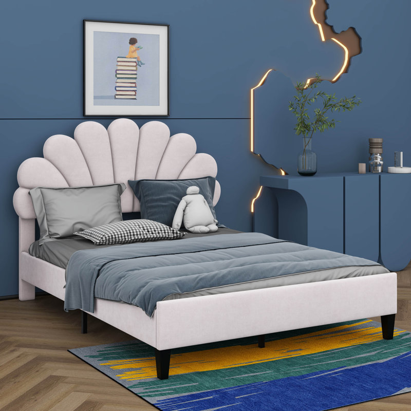 Lit plateforme tapissier en velours avec tête de lit à motif floral, Beige, Double